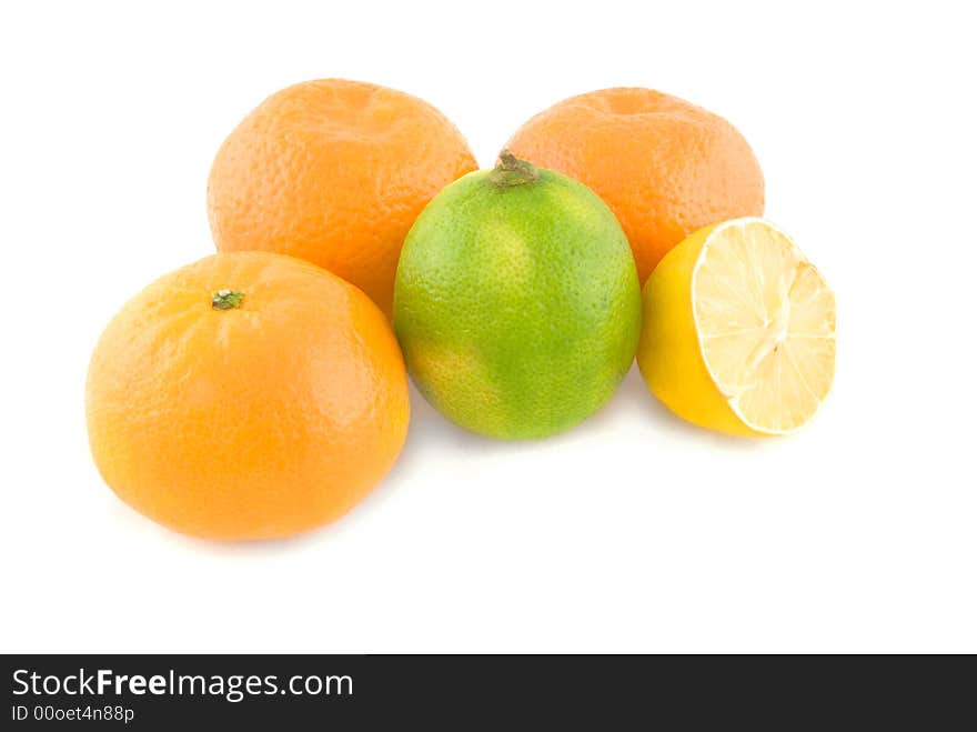 Fresh citrus fruit, oranges, lime and lemon, isolated on white. Fresh citrus fruit, oranges, lime and lemon, isolated on white