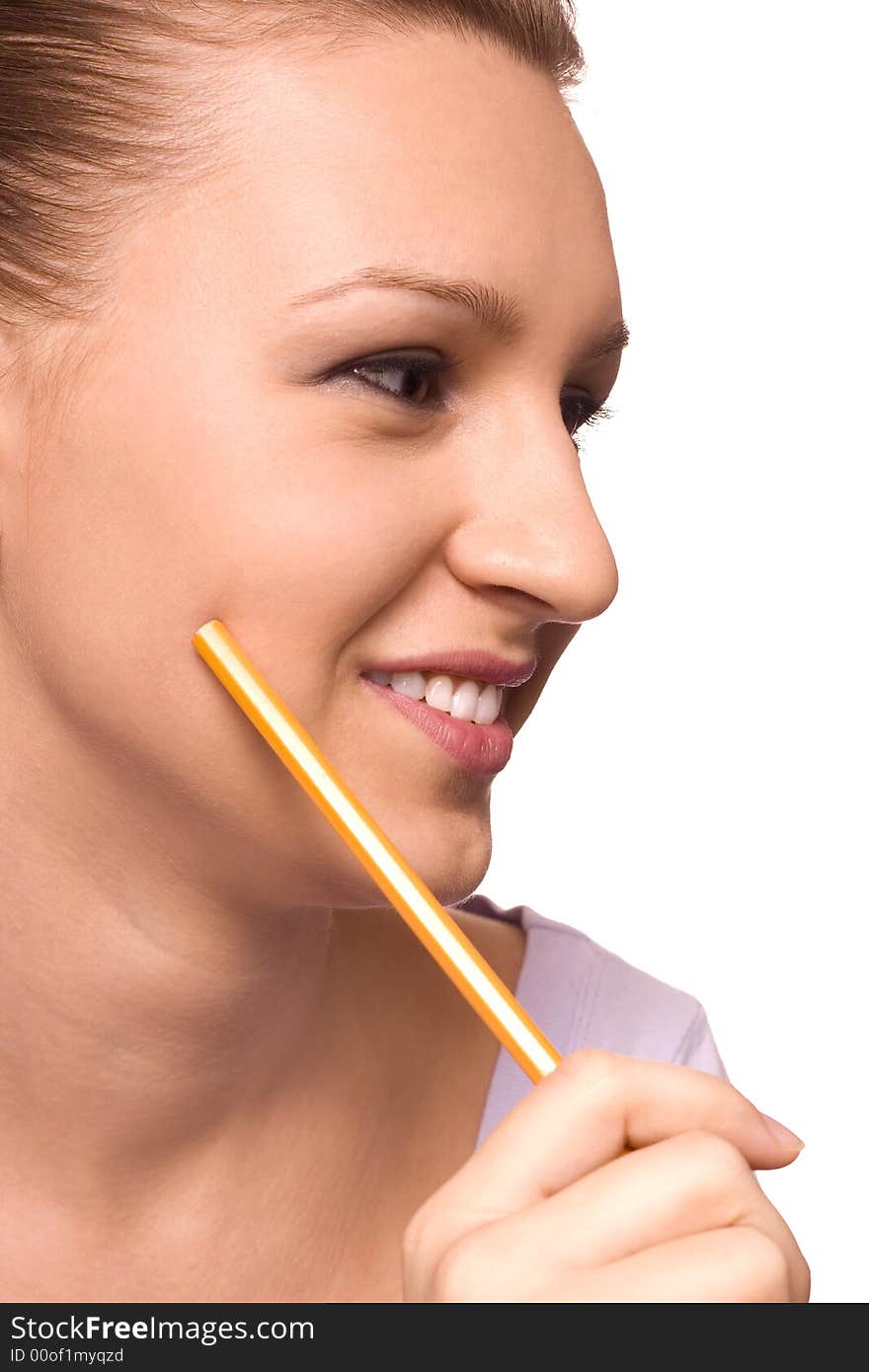 Female student holding a pencil to her face isolated on white background