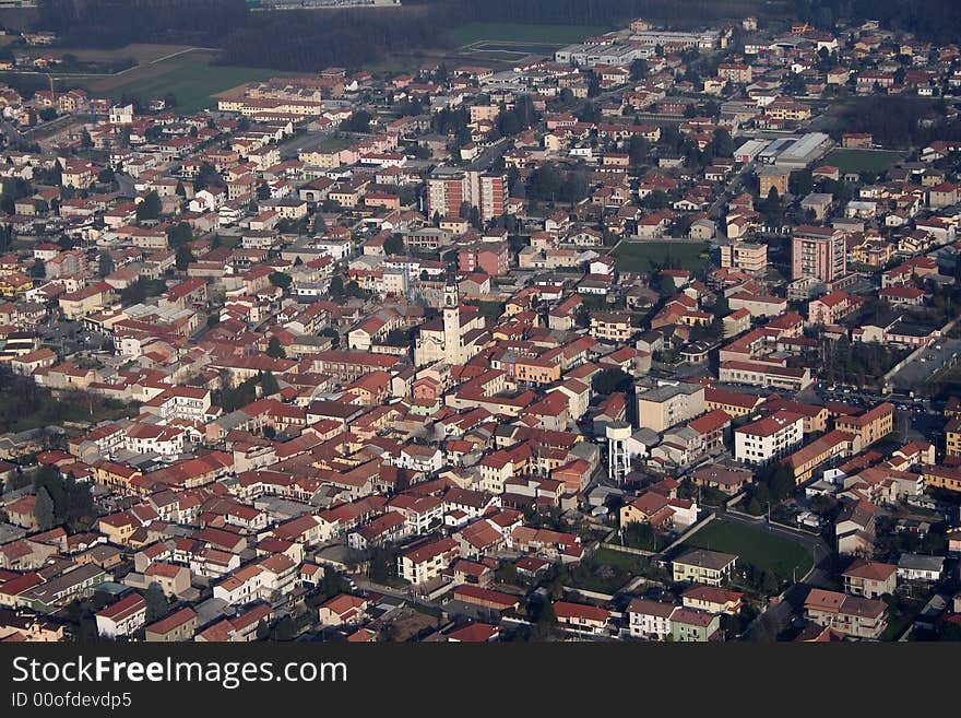 Aerial view of the town of Rovellasca Manera