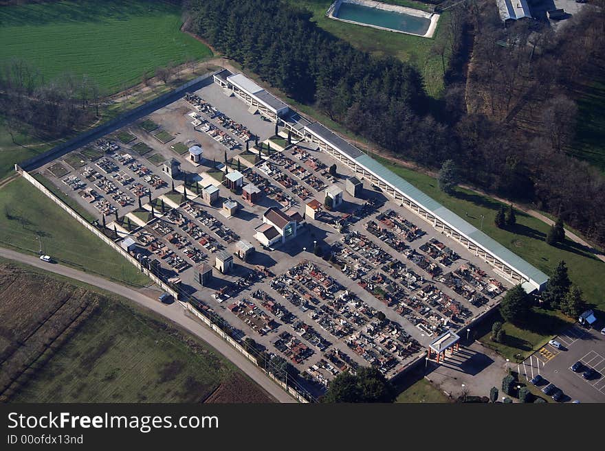 Aerial view of the cemetery in the town of Rovello Porro. Aerial view of the cemetery in the town of Rovello Porro