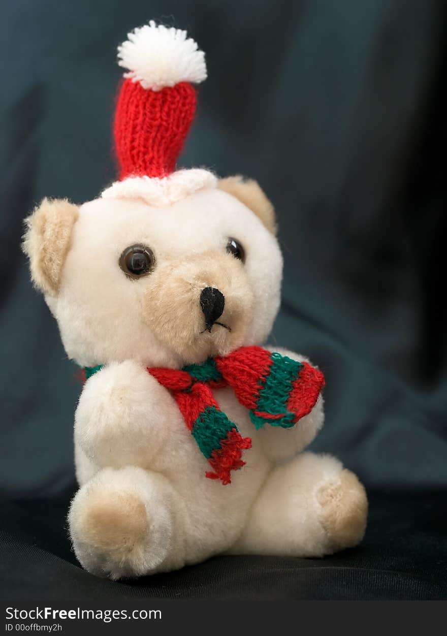 Still life of a bear on black background with tall hat with tuft. Still life of a bear on black background with tall hat with tuft