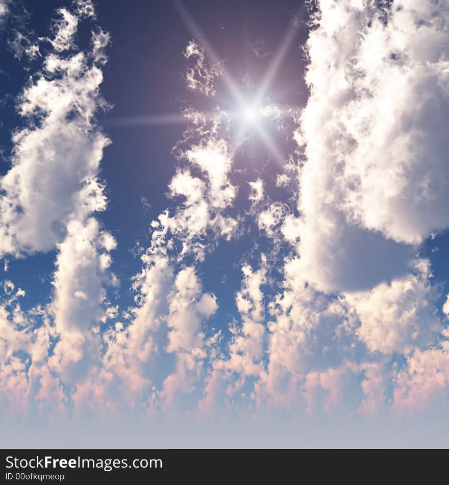 A puffy feathered High Cumulus Clouds with Sun and light decay. A puffy feathered High Cumulus Clouds with Sun and light decay