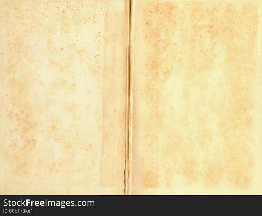 Vintage book open to two stained blank pages. Vintage book open to two stained blank pages.