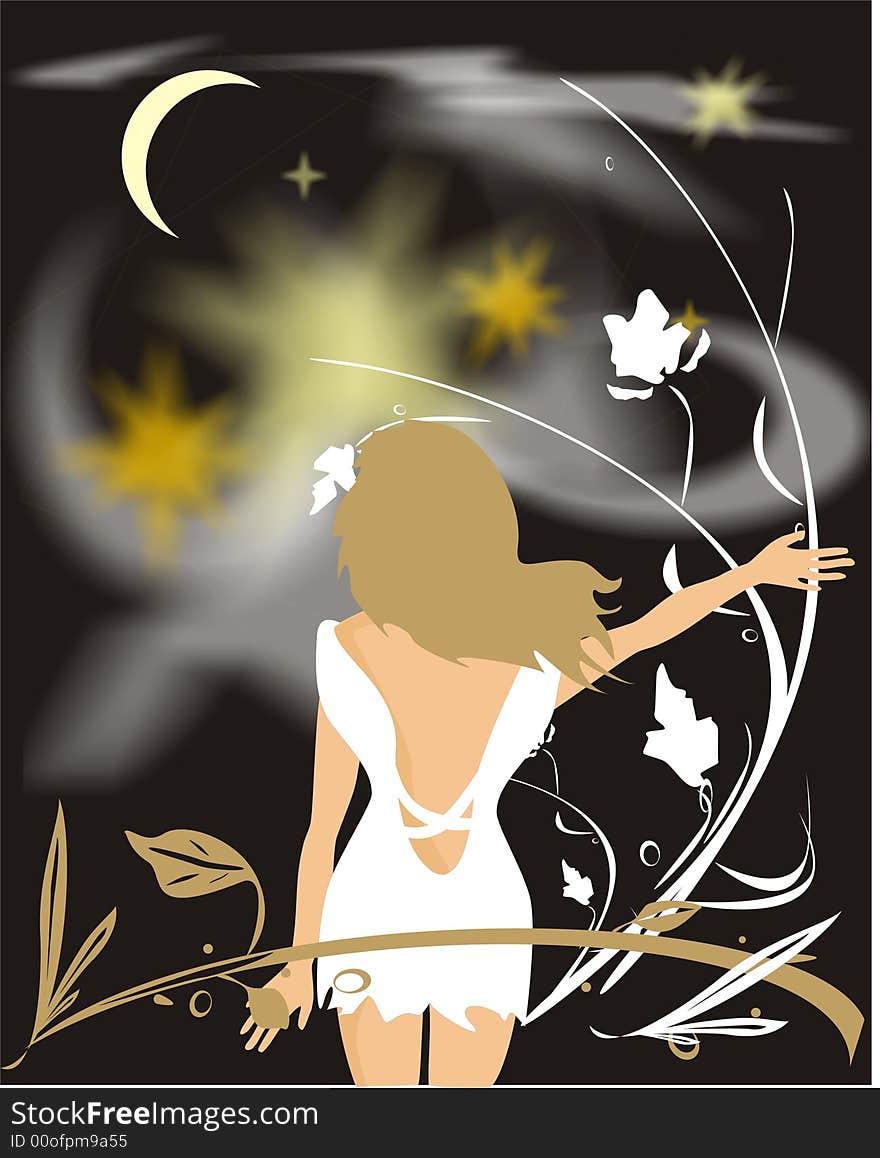 The blondy in a garden. Night (vector)