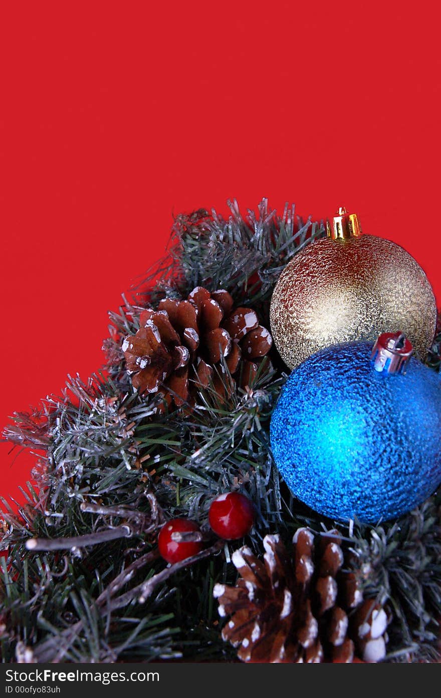 Christmas tree with White and blue  balls decoration 
Red background. Christmas tree with White and blue  balls decoration 
Red background