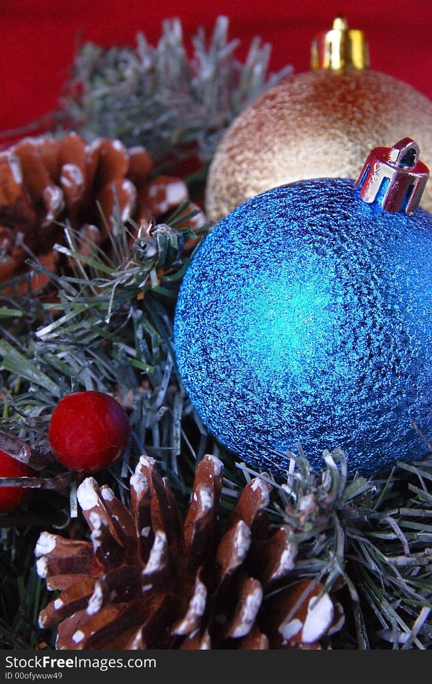 Christmas tree with White and blue  balls decoration 
Red background. Christmas tree with White and blue  balls decoration 
Red background