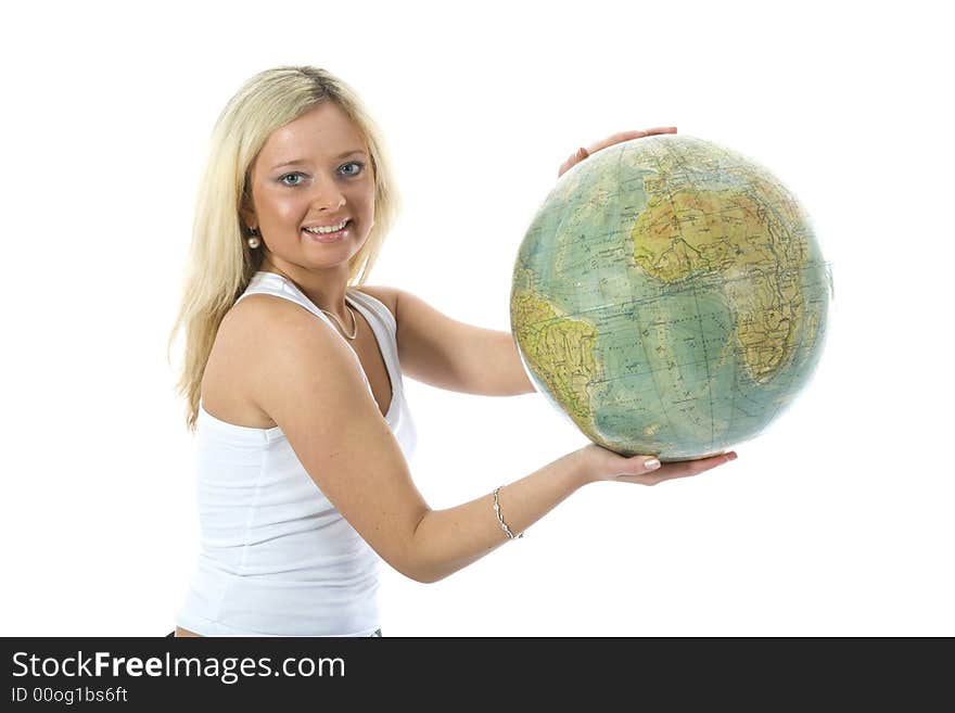 Beautiful blonde with  globe