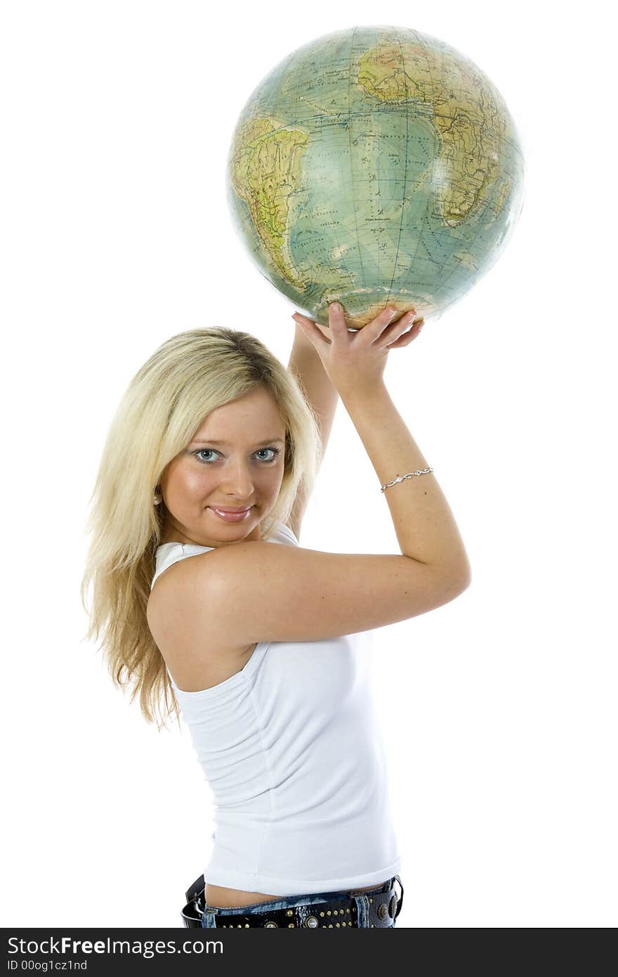 Beautiful blonde with  globe