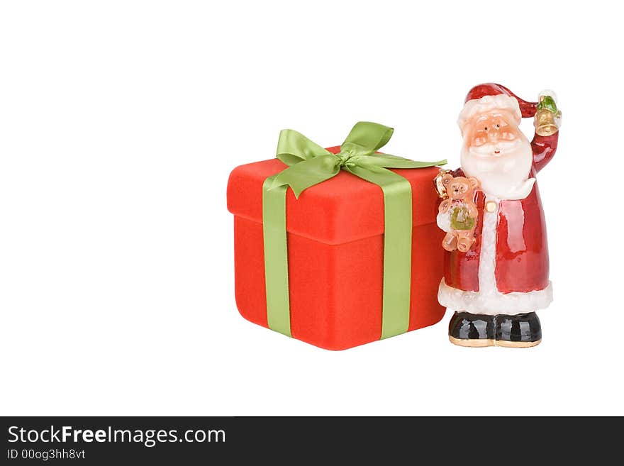 Red gift box and Santa - isolated over a white background