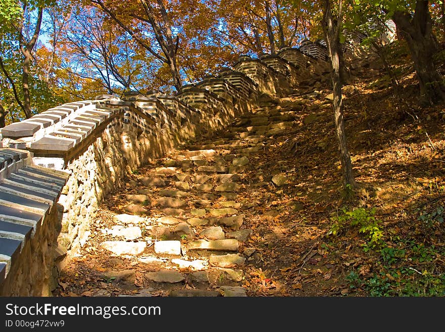 Asian ancient wall and step stones at fall forest