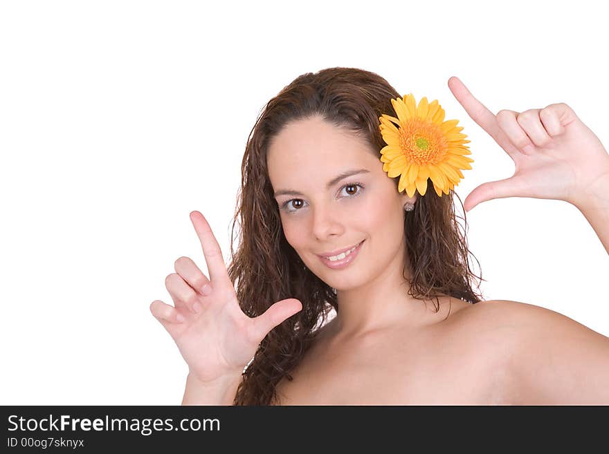 Beautiful girl with a flower in her head - Beauty and Spa - over a white background