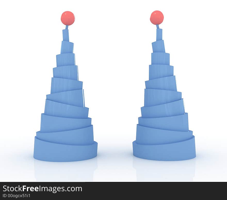 Two pyramids with red spheres on top