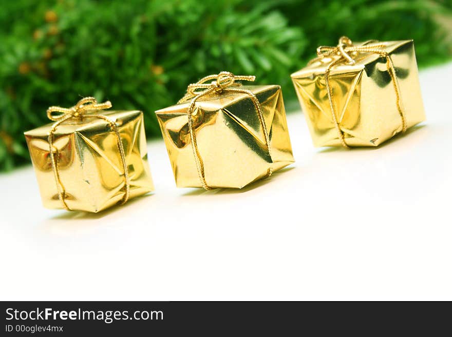 Golden christmas gift boxes isolated with a defucused leaf of evergreen on background