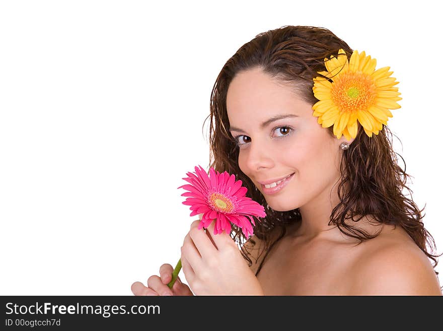 Beautiful girl with a flower in her head - Beauty and Spa - over a white background