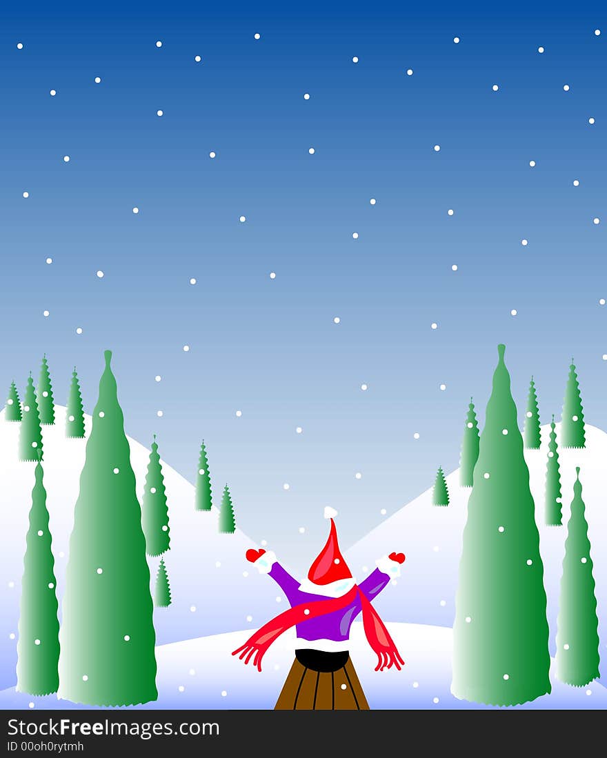 Illustration of someone sledding on a snowy day in the mountains.