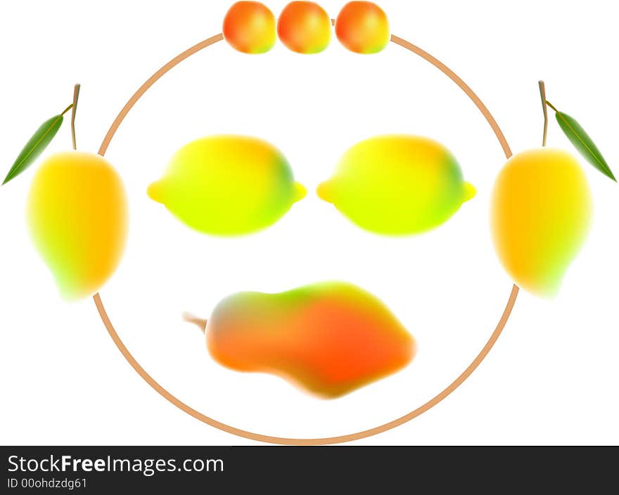 Illustration, vector for a variety of fruits to made a face expression, mango, lemon, papaya, orange. Illustration, vector for a variety of fruits to made a face expression, mango, lemon, papaya, orange