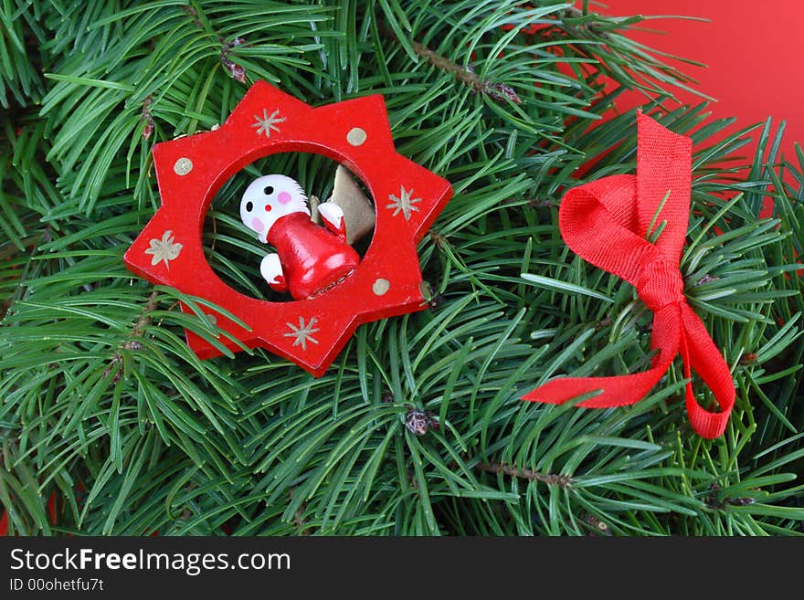 Detail of advent wreath- red decoration, red ribbon. Detail of advent wreath- red decoration, red ribbon