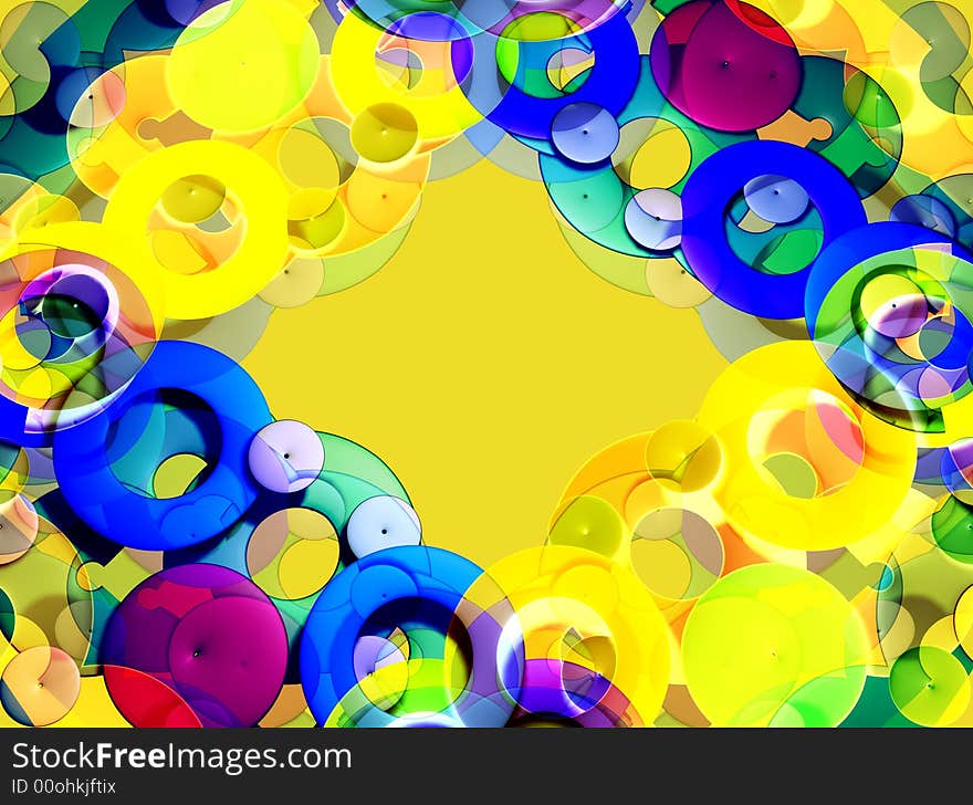 Slanting frame made of colorful simple circles on the yellow, illustration made on computer. Slanting frame made of colorful simple circles on the yellow, illustration made on computer.