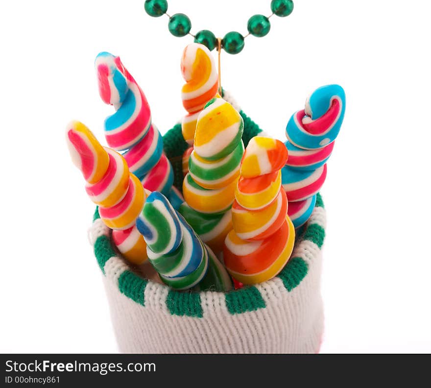 A christmas stocking with lollipop candies inside. A christmas stocking with lollipop candies inside