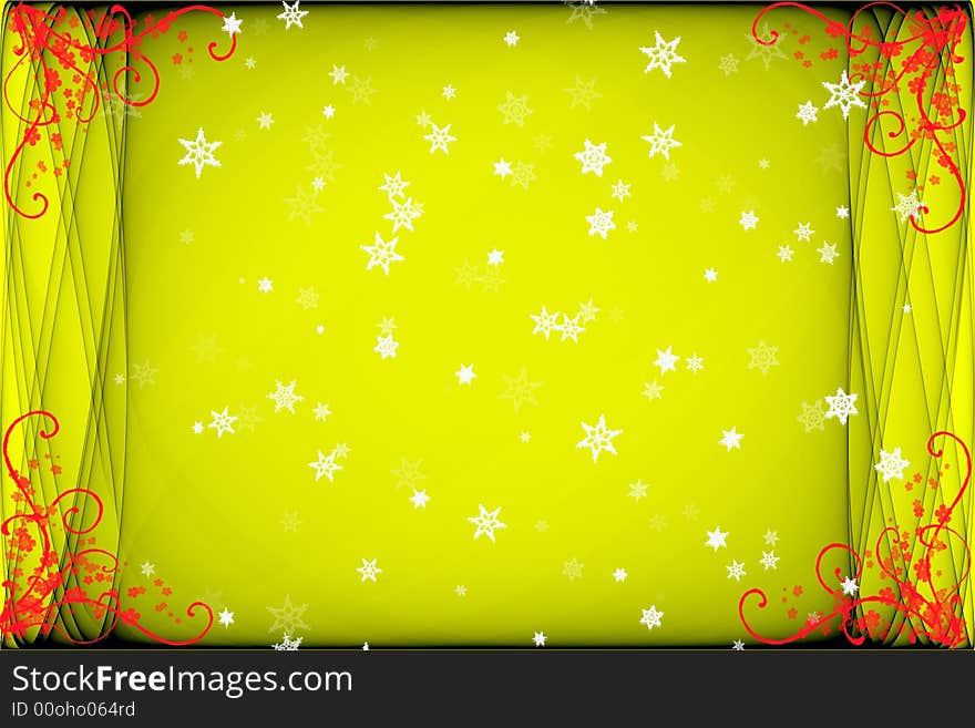 Yellow background with white stars and red swirls