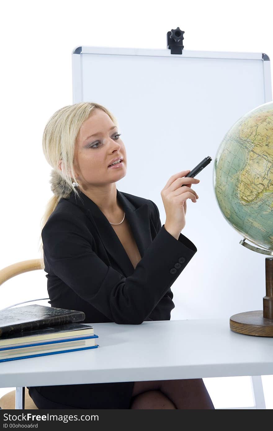 Young teacher will teach geography on isolated background