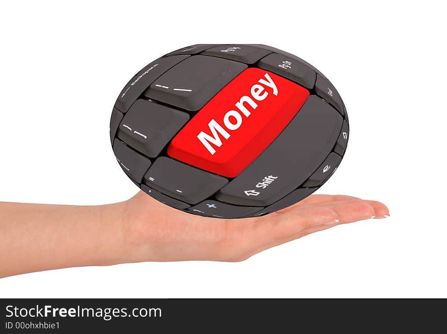 Hand holding a keyboard ball with red button and money text