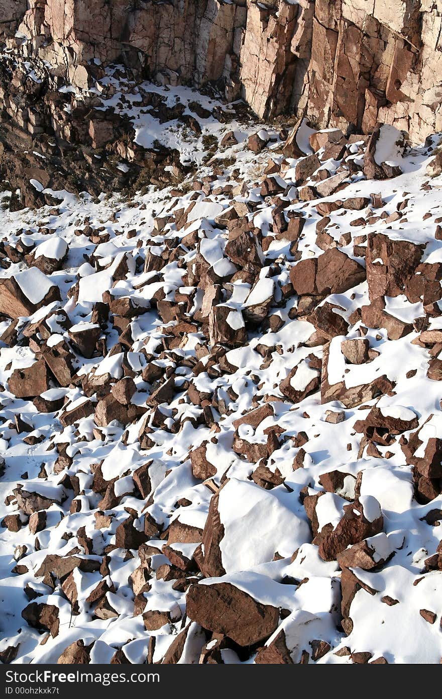 Stones covered snow