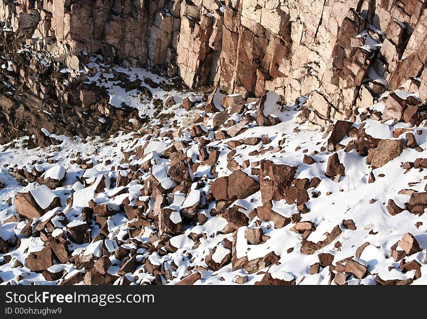 Stones covered snow