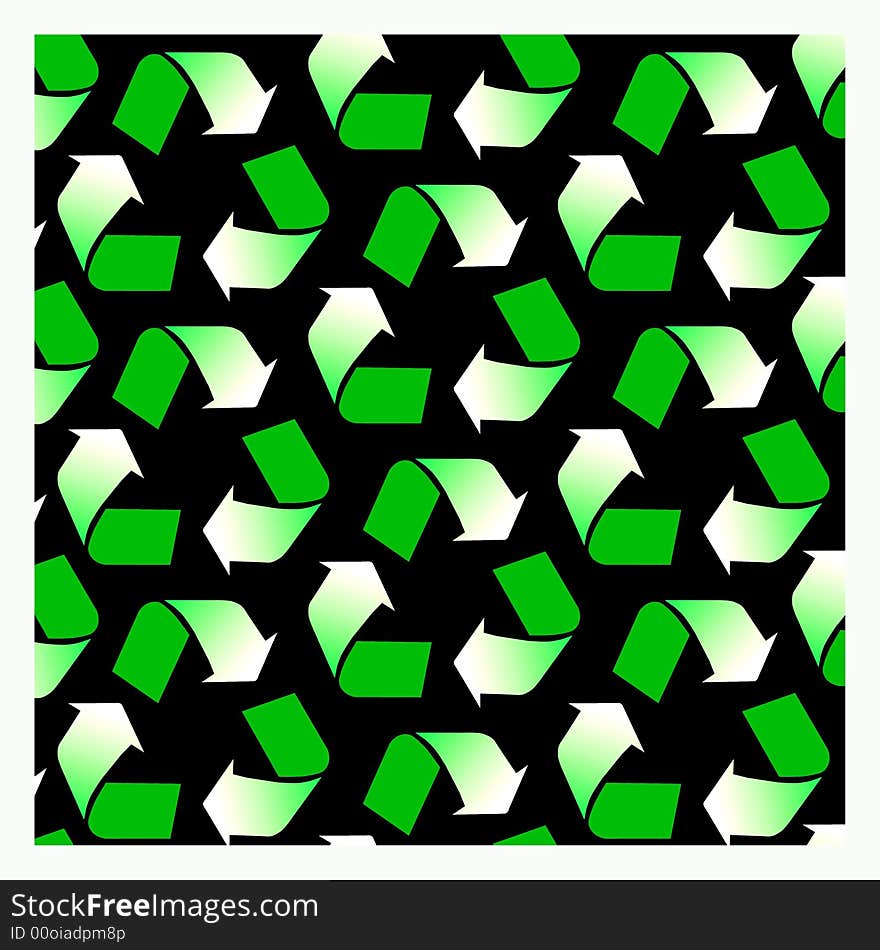 An image showing recycle arrows symbols with a white and green infill in a repeat pattern with a white frame around it all on a black background. An image showing recycle arrows symbols with a white and green infill in a repeat pattern with a white frame around it all on a black background.