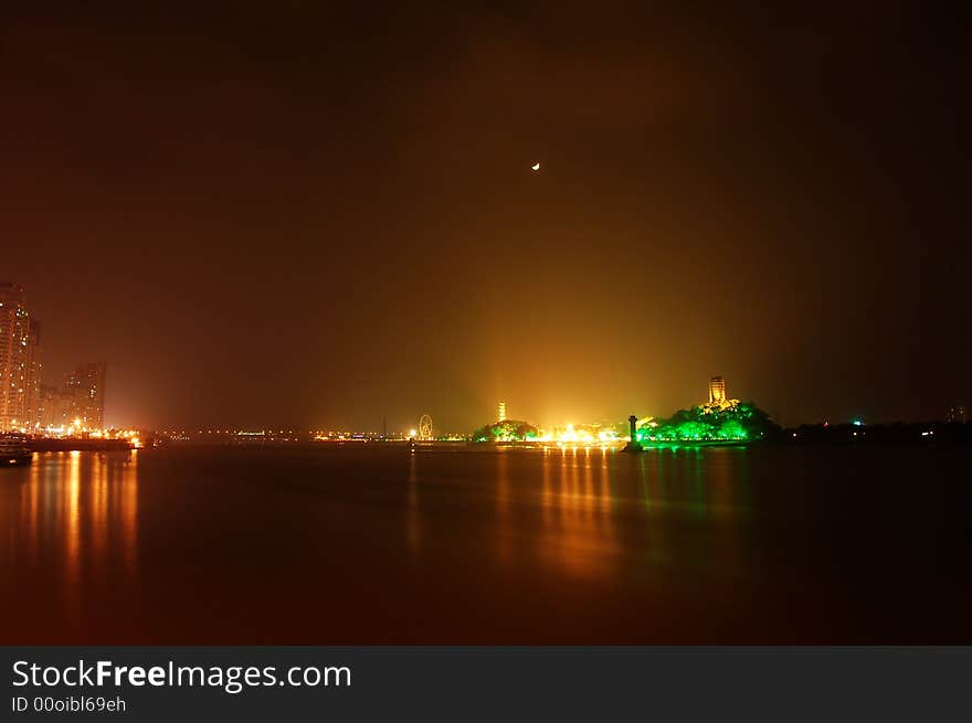 Night View of a river and an ireland.  This place is called JiangxinYu, a view of Wenzhou city of china.