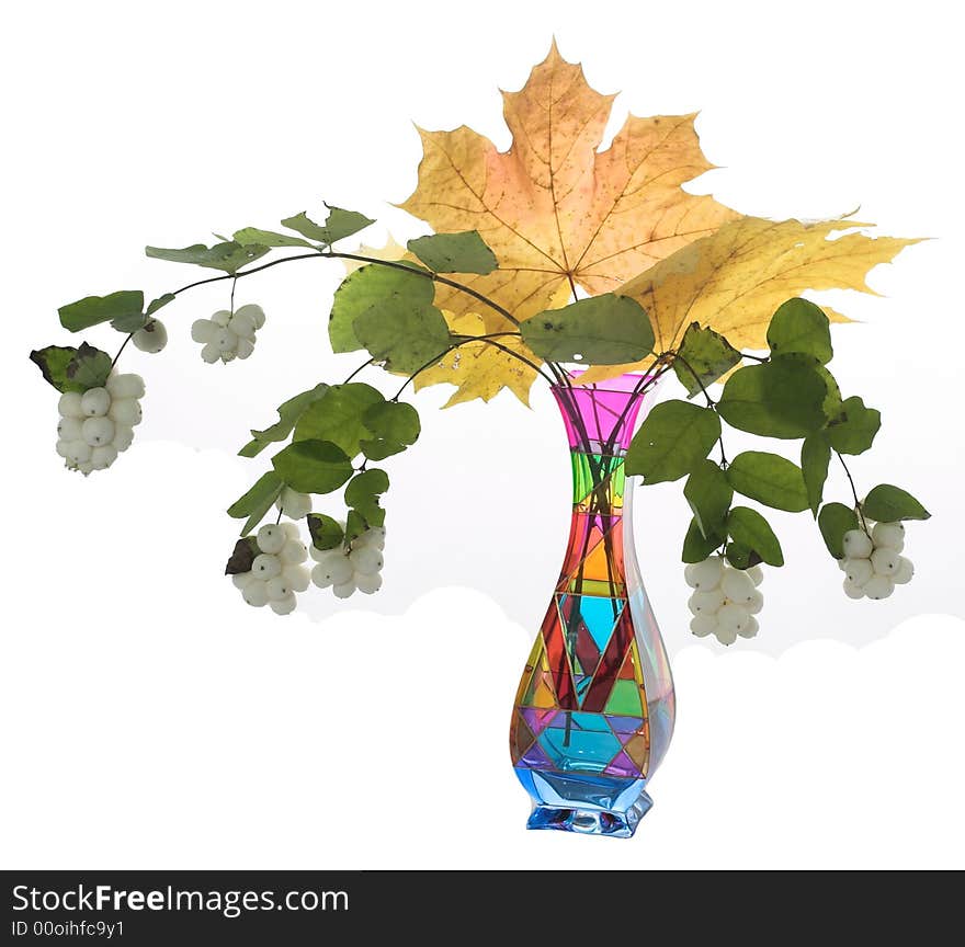 Winter bouquet from branches with white fruits and a maple leaf in a vase from multi-coloured glass