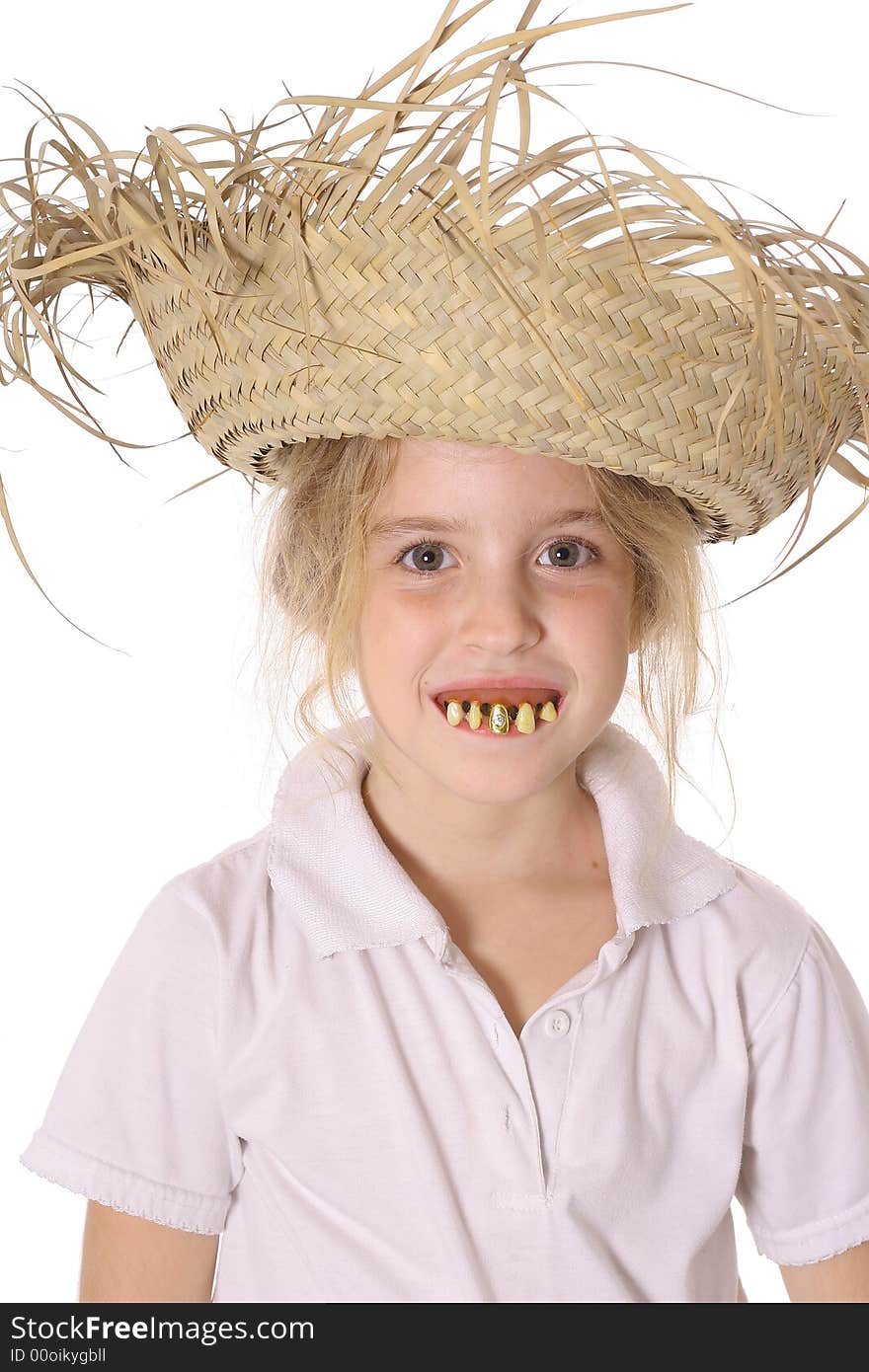 Silly child with rotten teeth isolated on white