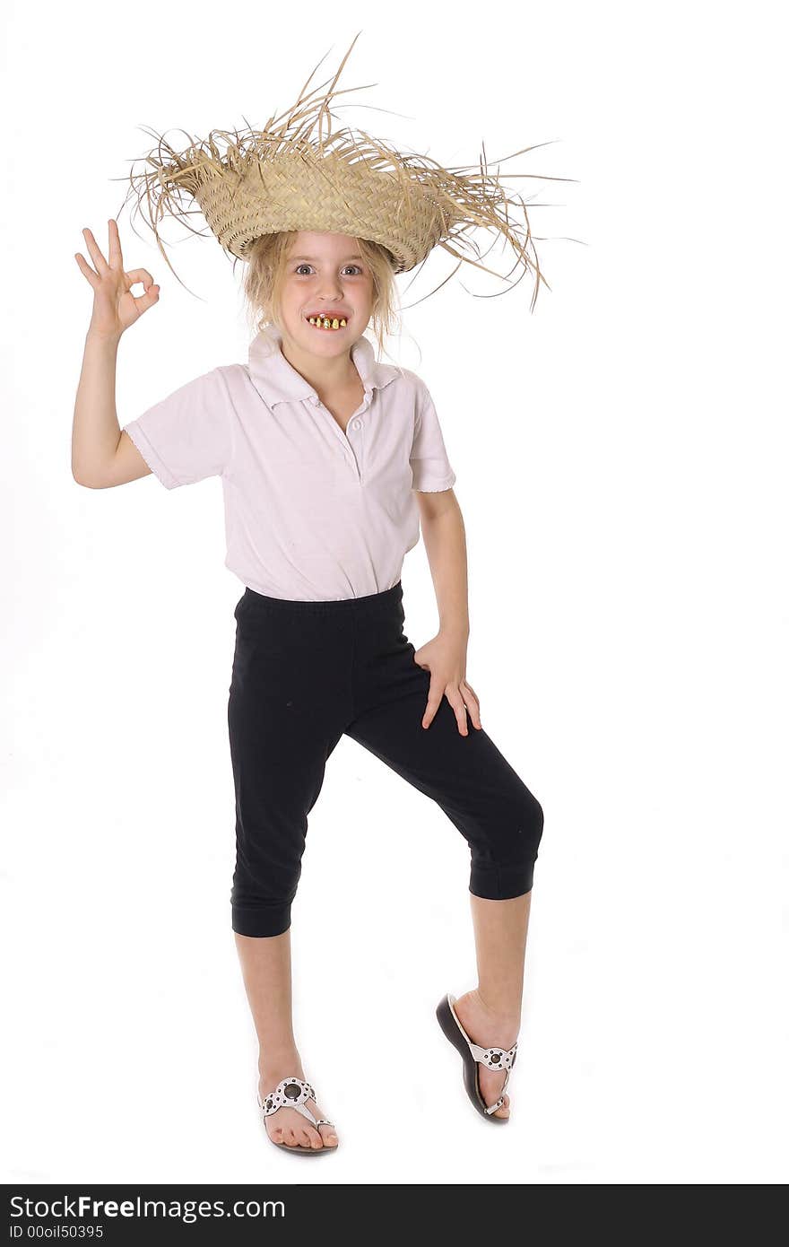 Goofy girl child ok vertical isolated on white