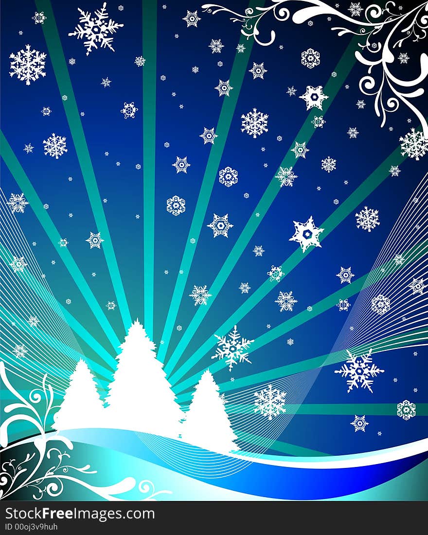 Christmas landscape with snowflakes and tree. Christmas landscape with snowflakes and tree