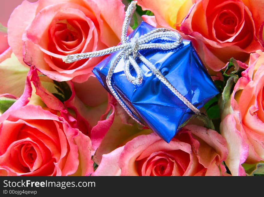 Gift Box Close-up And Roses