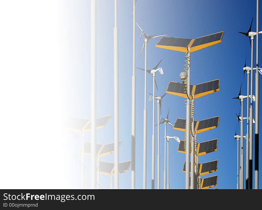 Photograph of solar panels and wind turbines faded to white on left hand side. Photograph of solar panels and wind turbines faded to white on left hand side.