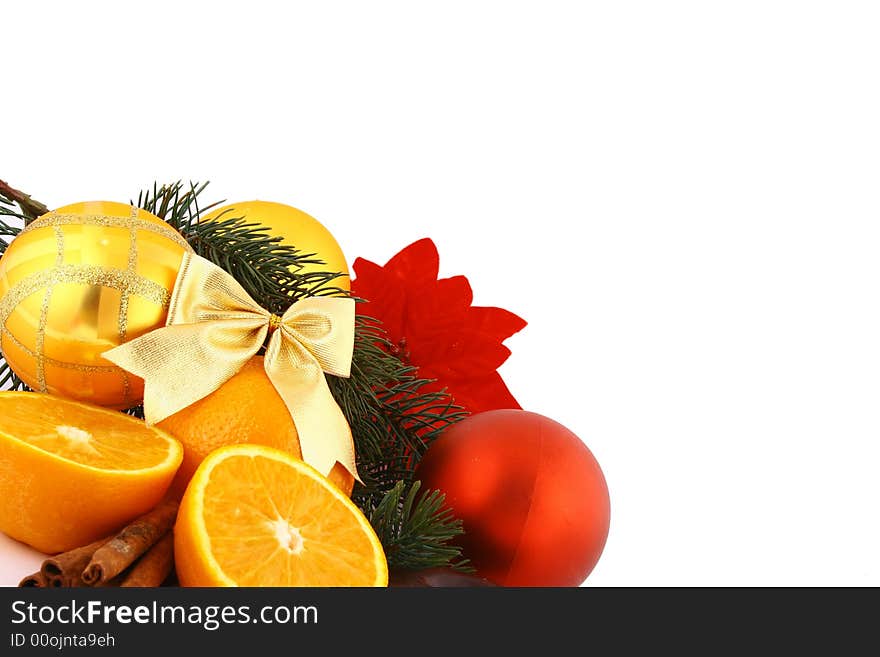 Christmas ballsand orange on a white background