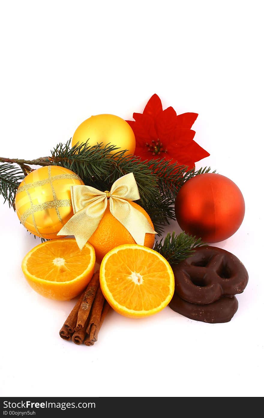 Christmas balls and orange on a white background