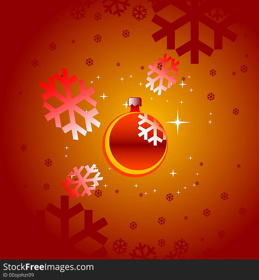 Snowflakes and bulb on the yellow and red background.