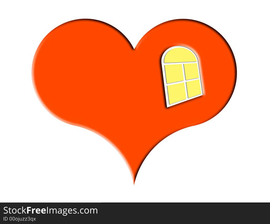 Red heart with window on a white background