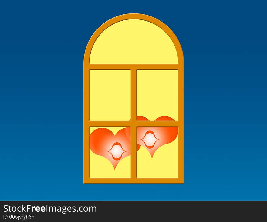 Two red hearts in a window on a color background. Two red hearts in a window on a color background