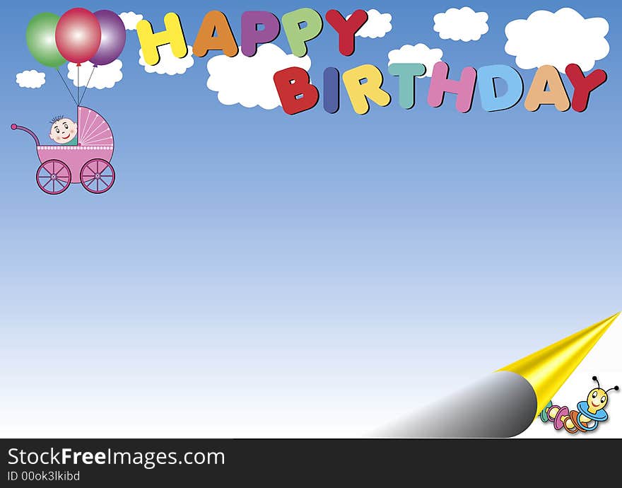 A colorful frame with a light blue gradient background. In the top a baby buggy hanging on balloons and the writing happy birthday in front of white clouds - and a rolled edge.