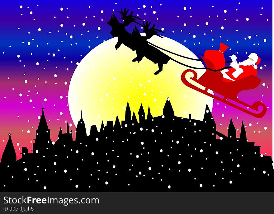 Santa claus over town in the night