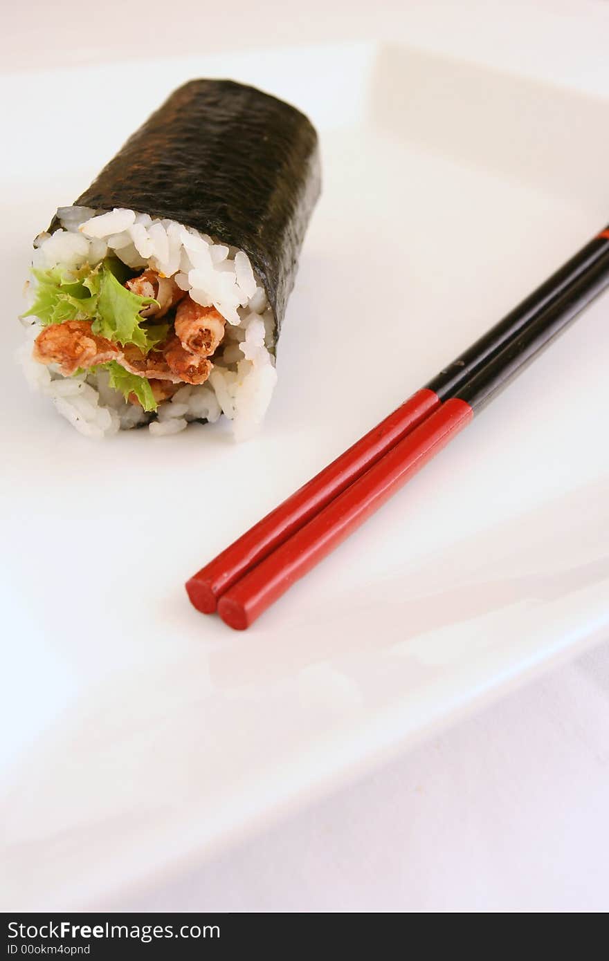 Soft shell crab sushi on white plate