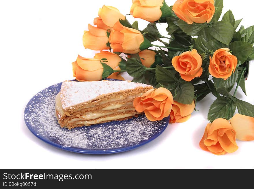 Sweet desert and rose on the white background