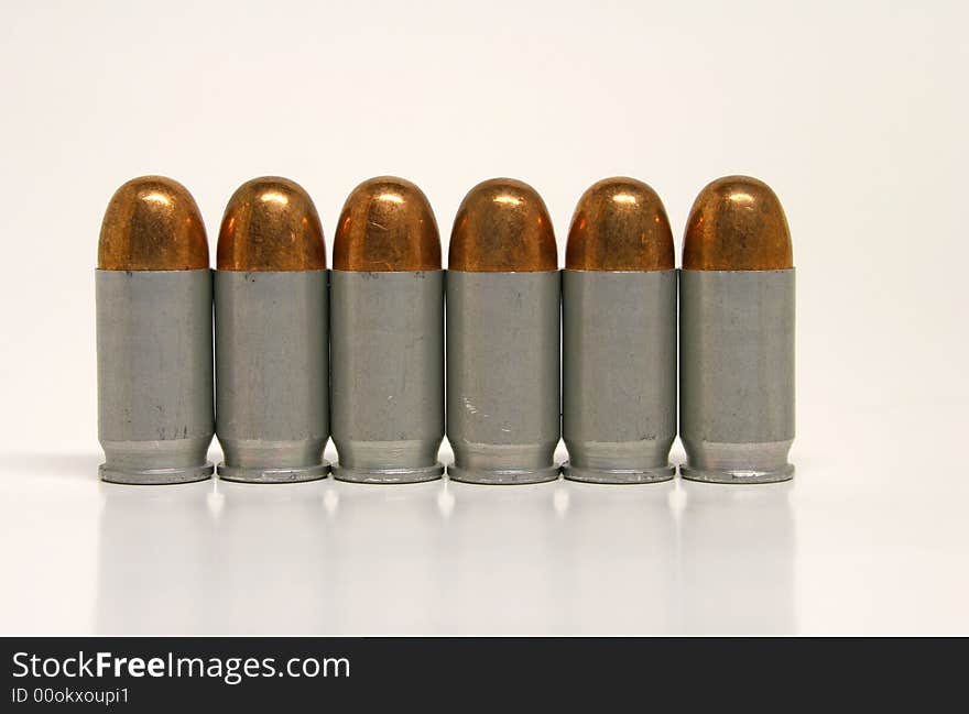 Handgun Bullets close up with a white background