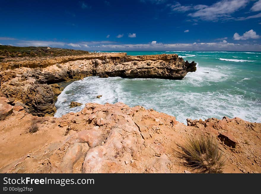 The jagged limestone coastline at Cape Buffon, near Southend, South Australia. It is part of the scenic Limestone Coast region of South-East South Australia.