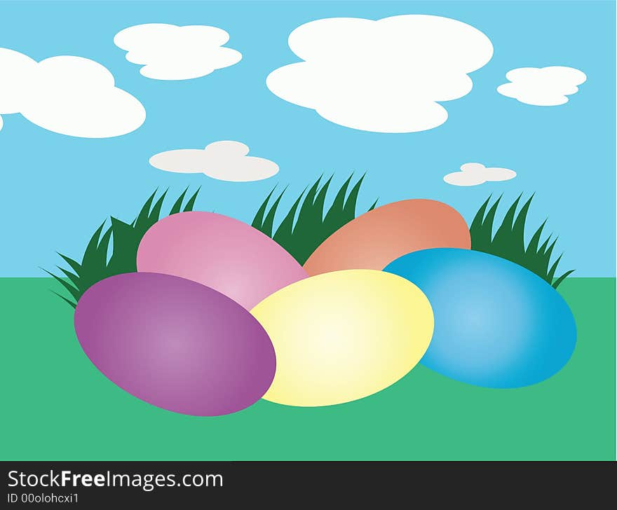 Graphic illustration of colorful pastel easter eggs sitting in the grass against a blue sky. Graphic illustration of colorful pastel easter eggs sitting in the grass against a blue sky.