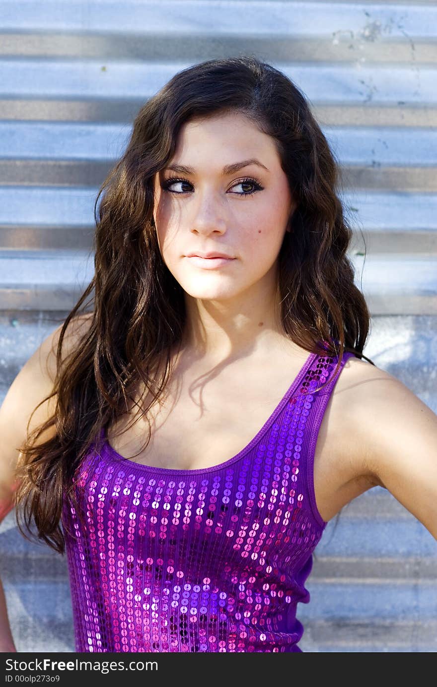 Beautiful young woman wearing purple sequin top and long sexy brown hair. Beautiful young woman wearing purple sequin top and long sexy brown hair.