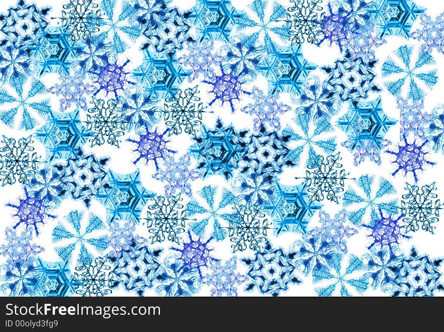 Many blue snow flakes on the white background